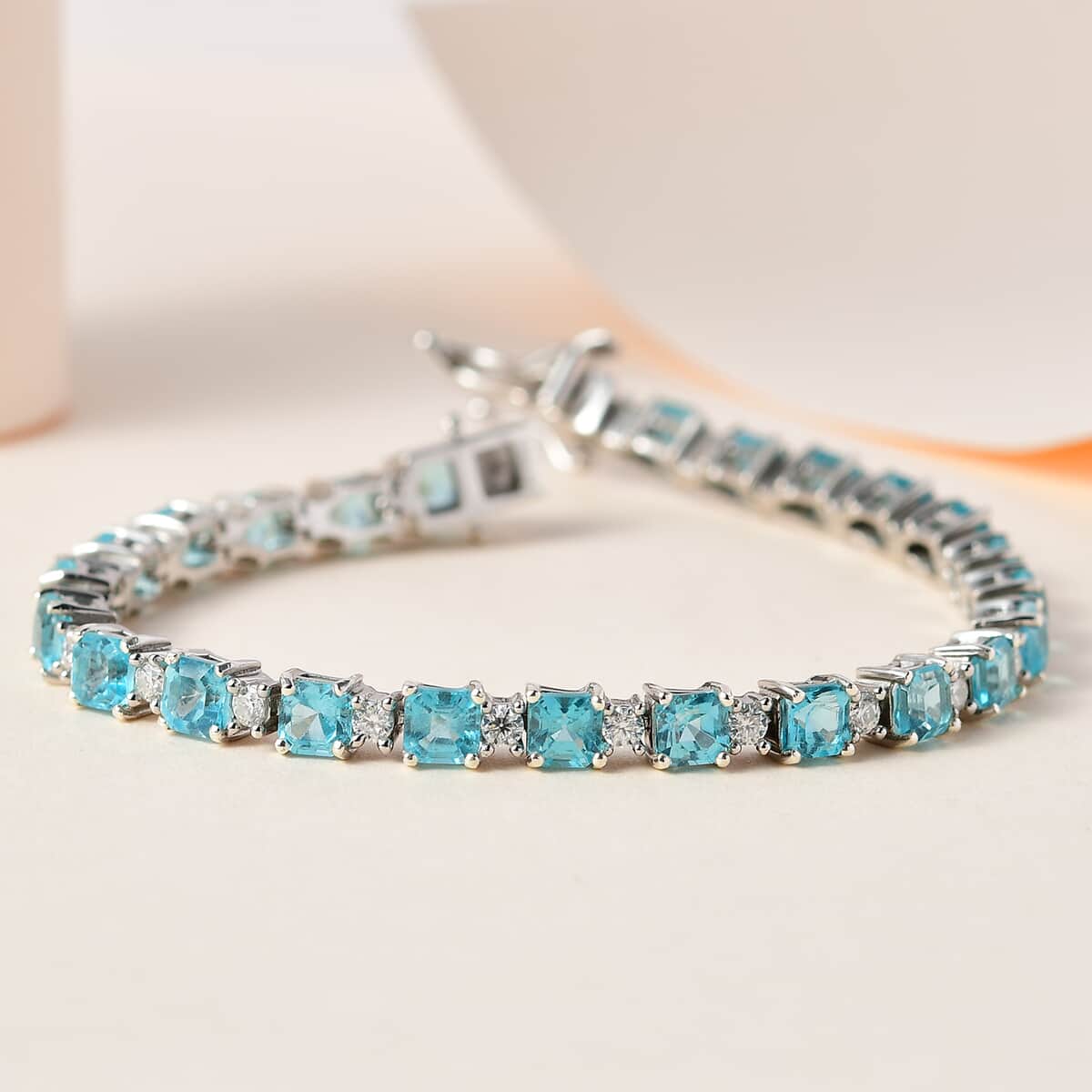 TLV Asscher Cut Madagascar Paraiba Apatite, Moissanite Tennis Bracelet in Platinum Over Sterling Silver (8.00 In) 11.60 ctw image number 1