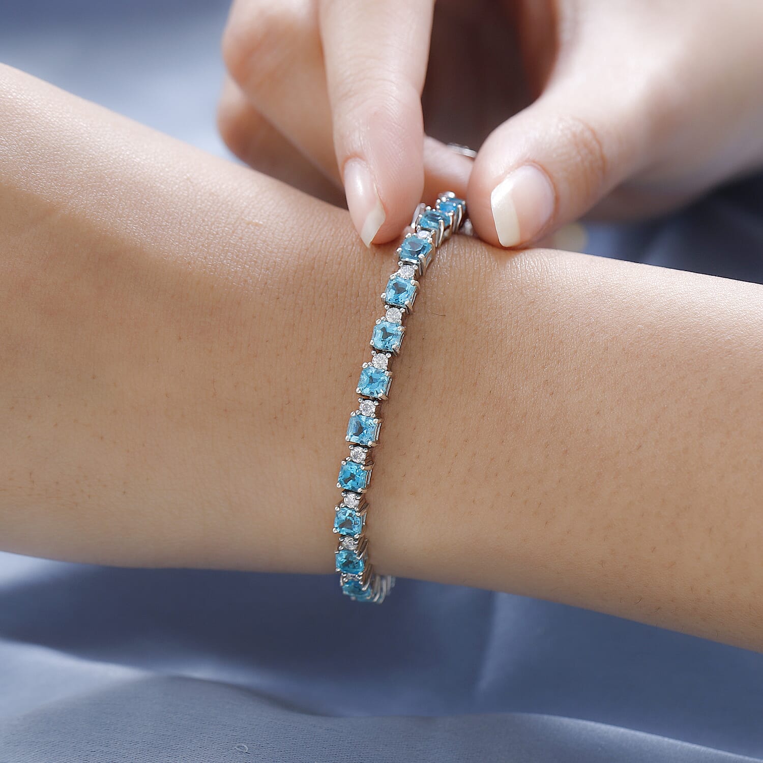 Asscher Cut Madagascar Paraiba Apatite and Moissanite Tennis Bracelet in Platinum Over Sterling Silver (6.50 In) 9.75 ctw