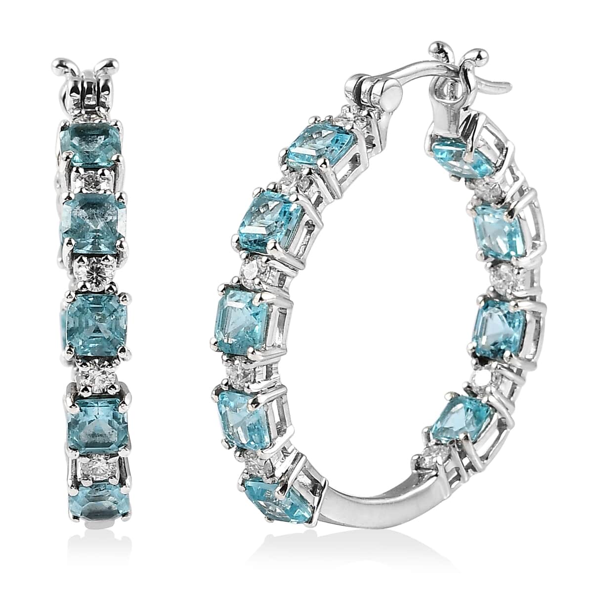 Madagascar Paraiba Apatite and Moissanite Inside Out Hoop Earrings in Platinum Over Sterling Silver 6.50 ctw image number 0