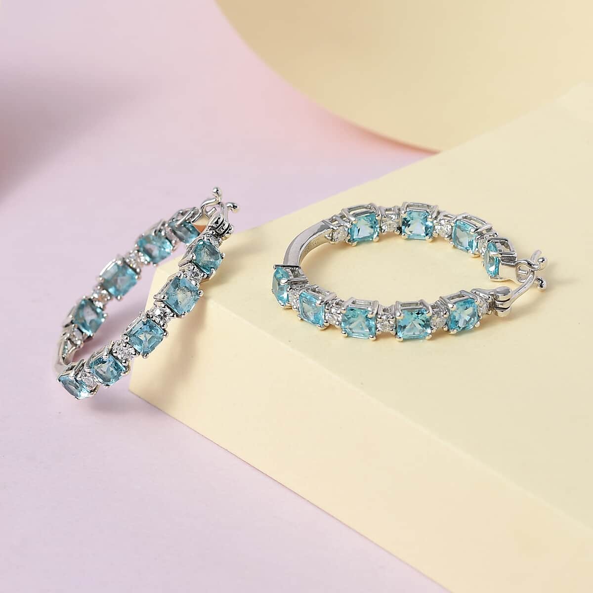 Madagascar Paraiba Apatite and Moissanite Inside Out Hoop Earrings in Platinum Over Sterling Silver 6.50 ctw image number 1