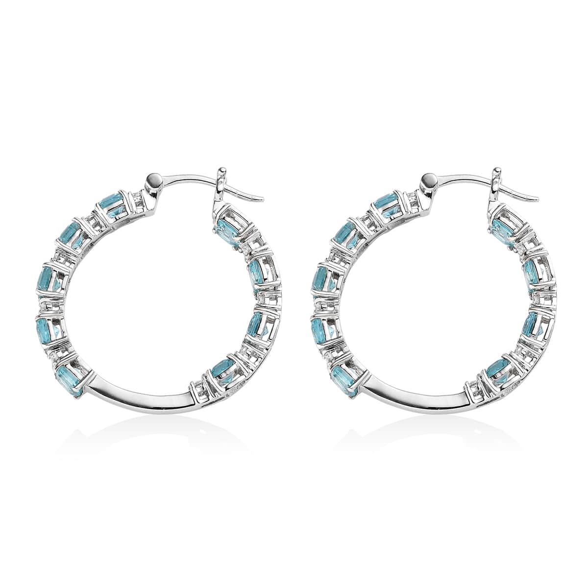 Madagascar Paraiba Apatite and Moissanite Inside Out Hoop Earrings in Platinum Over Sterling Silver 6.50 ctw image number 3