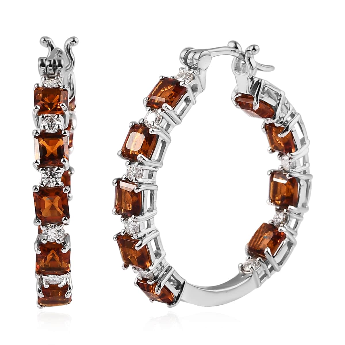 Asscher Cut Brazilian Cherry Citrine and Moissanite Inside Out Hoop Earrings in Platinum Over Sterling Silver 7.25 ctw image number 0