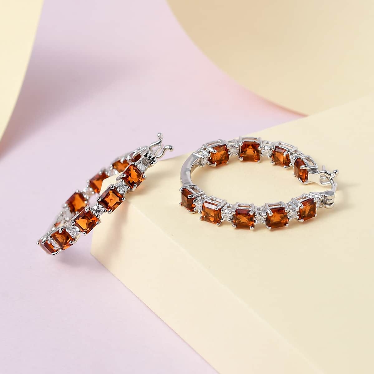 Asscher Cut Brazilian Cherry Citrine and Moissanite Inside Out Hoop Earrings in Platinum Over Sterling Silver 7.25 ctw image number 1