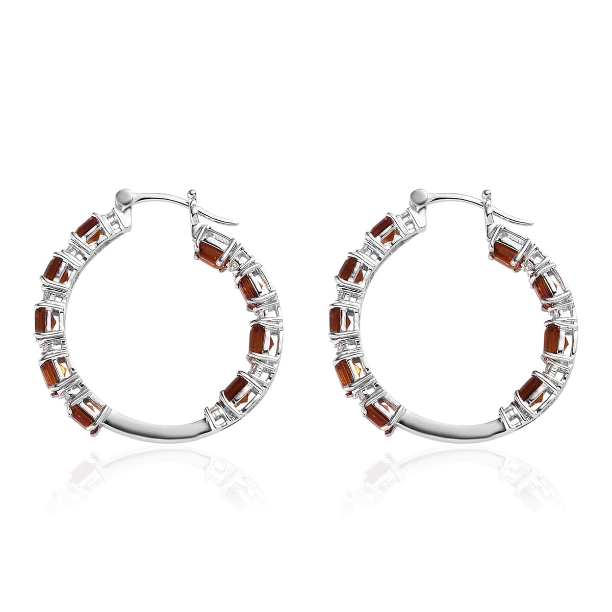 Asscher Cut Brazilian Cherry Citrine and Moissanite Inside Out Hoop Earrings in Platinum Over Sterling Silver 7.25 ctw image number 3