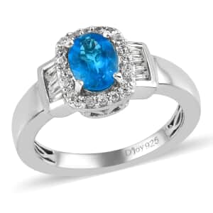 Malgache Neon Apatite and Natural White Zircon Ring in Platinum Over Sterling Silver (Size 7.0) 1.20 ctw