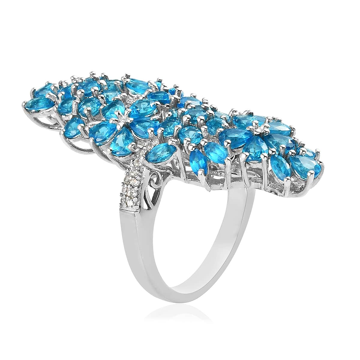Malgache Neon Apatite and Natural White Zircon Elongated Ring in Platinum Over Sterling Silver (Size 7.0) 8.30 Grams 5.10 ctw image number 3