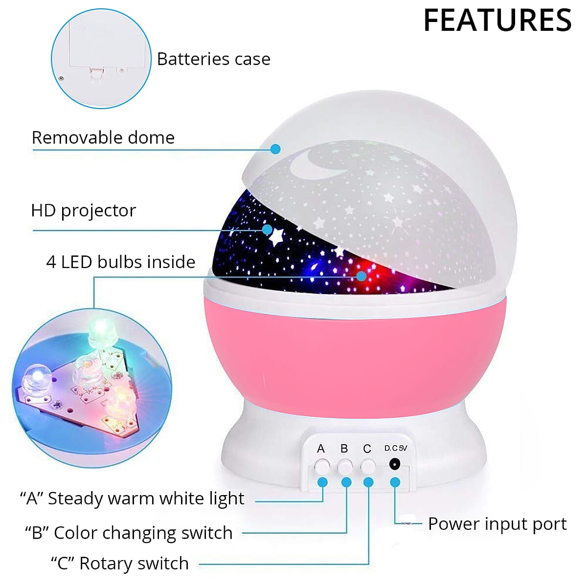 Nice Sun Star Projector Lighting Lamp 4 LED Stage Light 360 Degree Rotation With USB Cable- Pink image number 2