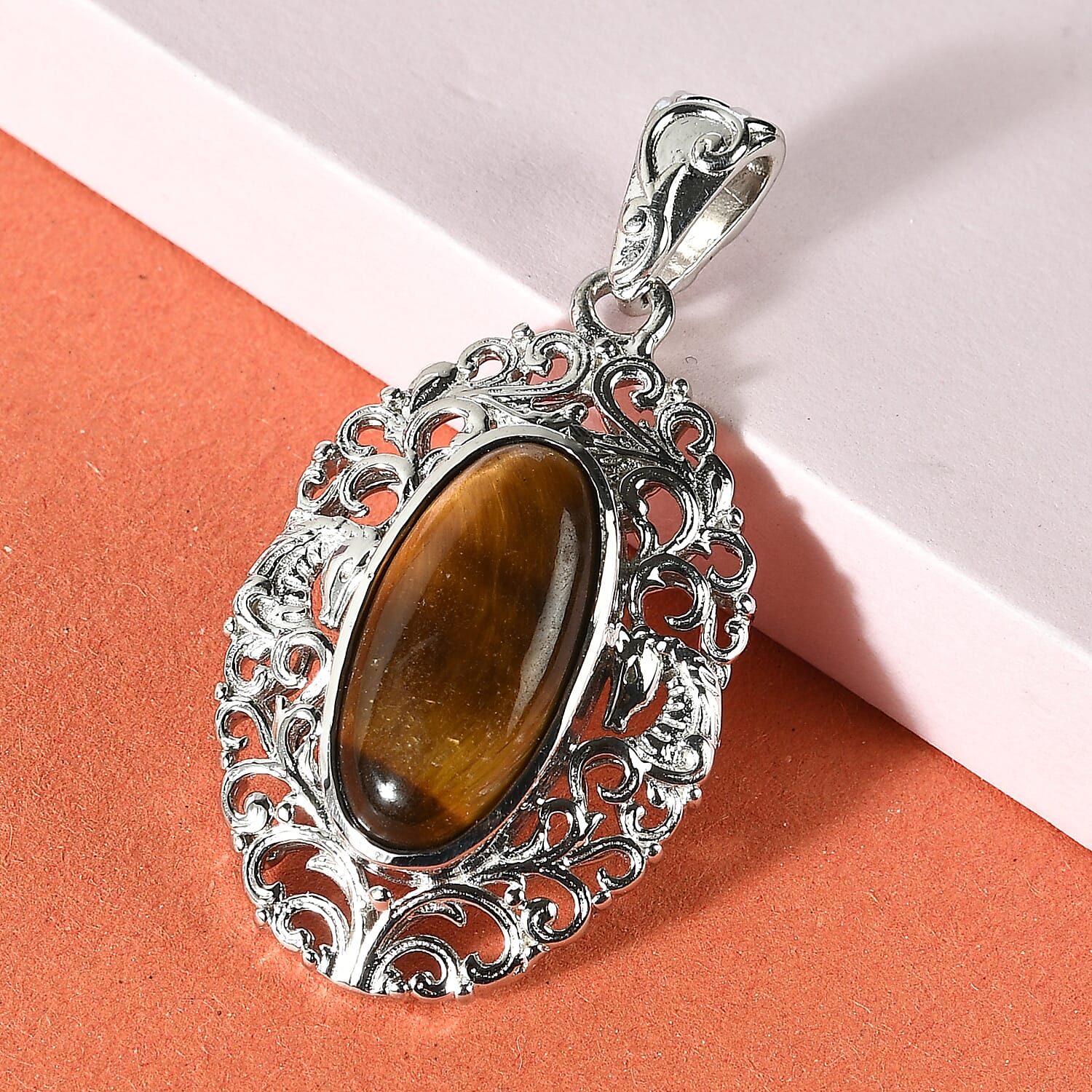 Tiger's Eye Solitaire Pendant without Chain in Platinum Over Copper with Magnet 9.80 ctw