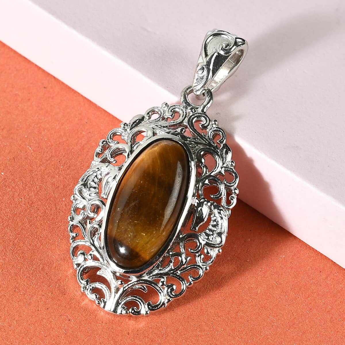 Tiger's Eye Solitaire Pendant in Platinum Over Copper with Magnet 9.80 ctw image number 1