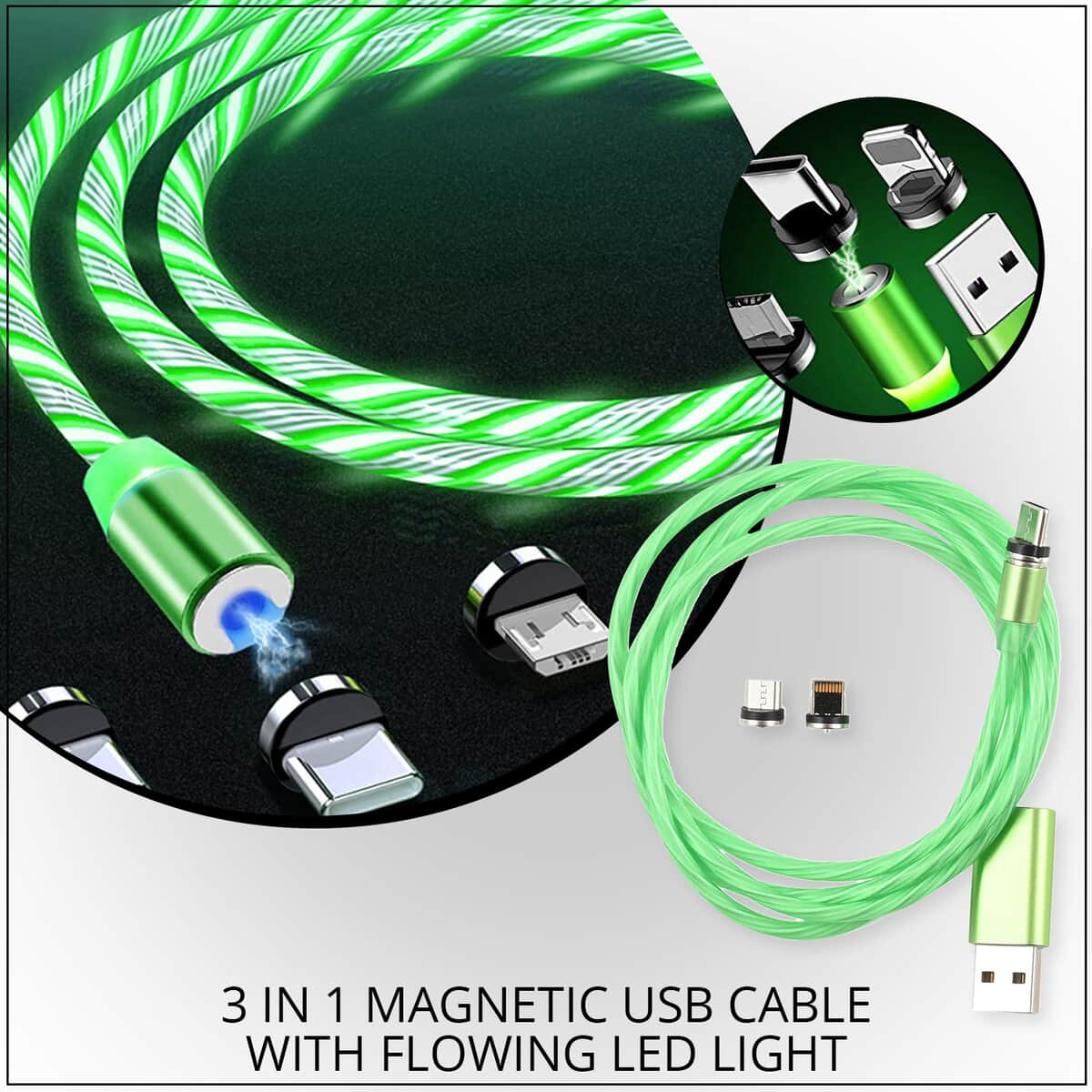 Green 3 in 1 Magnetic USB Cable with Flowing LED light image number 1