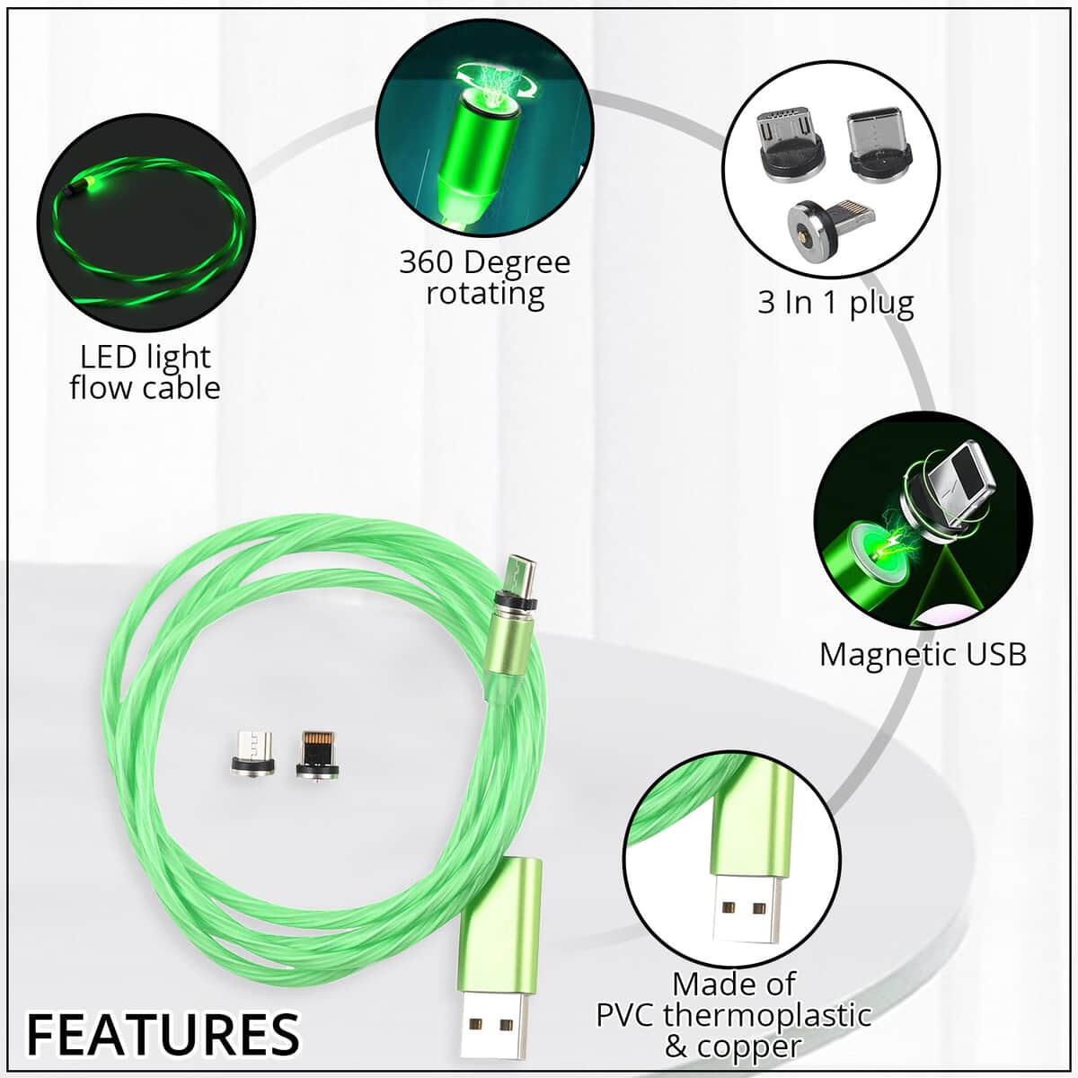 Green 3 in 1 Magnetic USB Cable with Flowing LED light image number 2