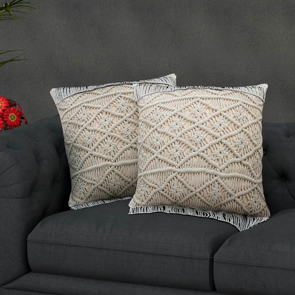 HOMESMART Set of 2 Cream Cotton Macrame Cushion Covers image number 1