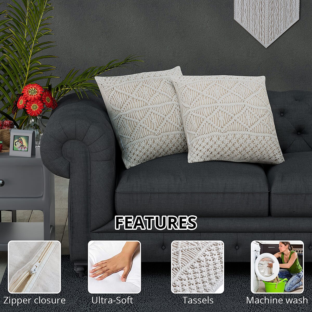 Homesmart Set of 2 Off White Macrame Cotton Cushion Covers , Pillow Protectors , Pillow Cover , Pillow Shams , Pillow Case Covers image number 1