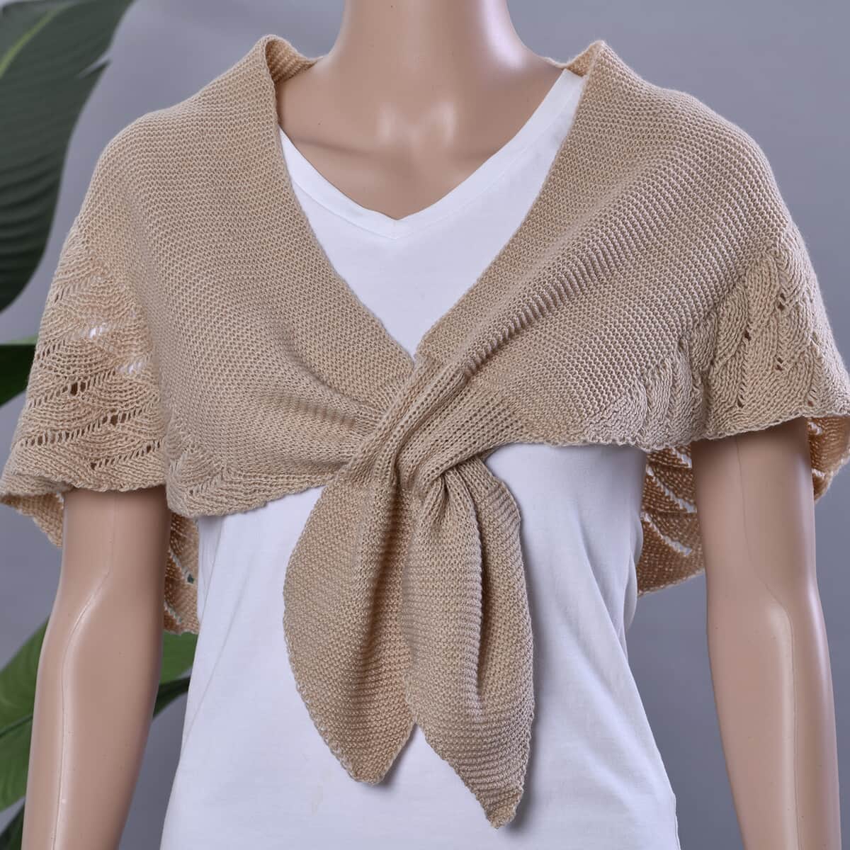 Beige Faux Wool Knitted Poncho with Keyhole (Polyester) image number 1