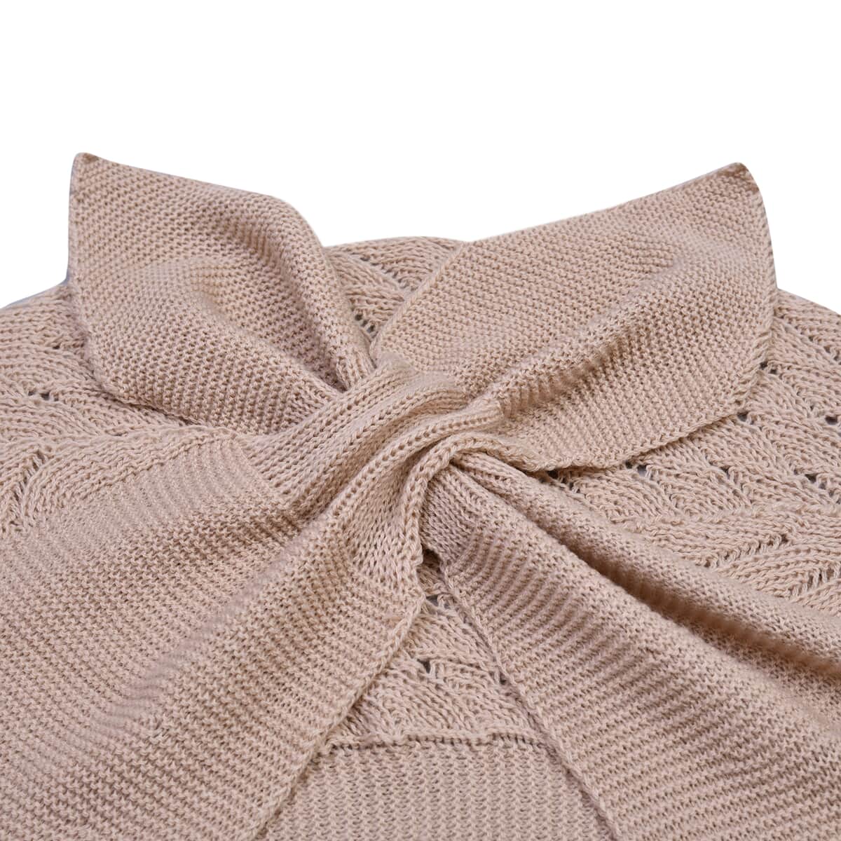 Beige Faux Wool Knitted Poncho with Keyhole (Polyester) image number 3