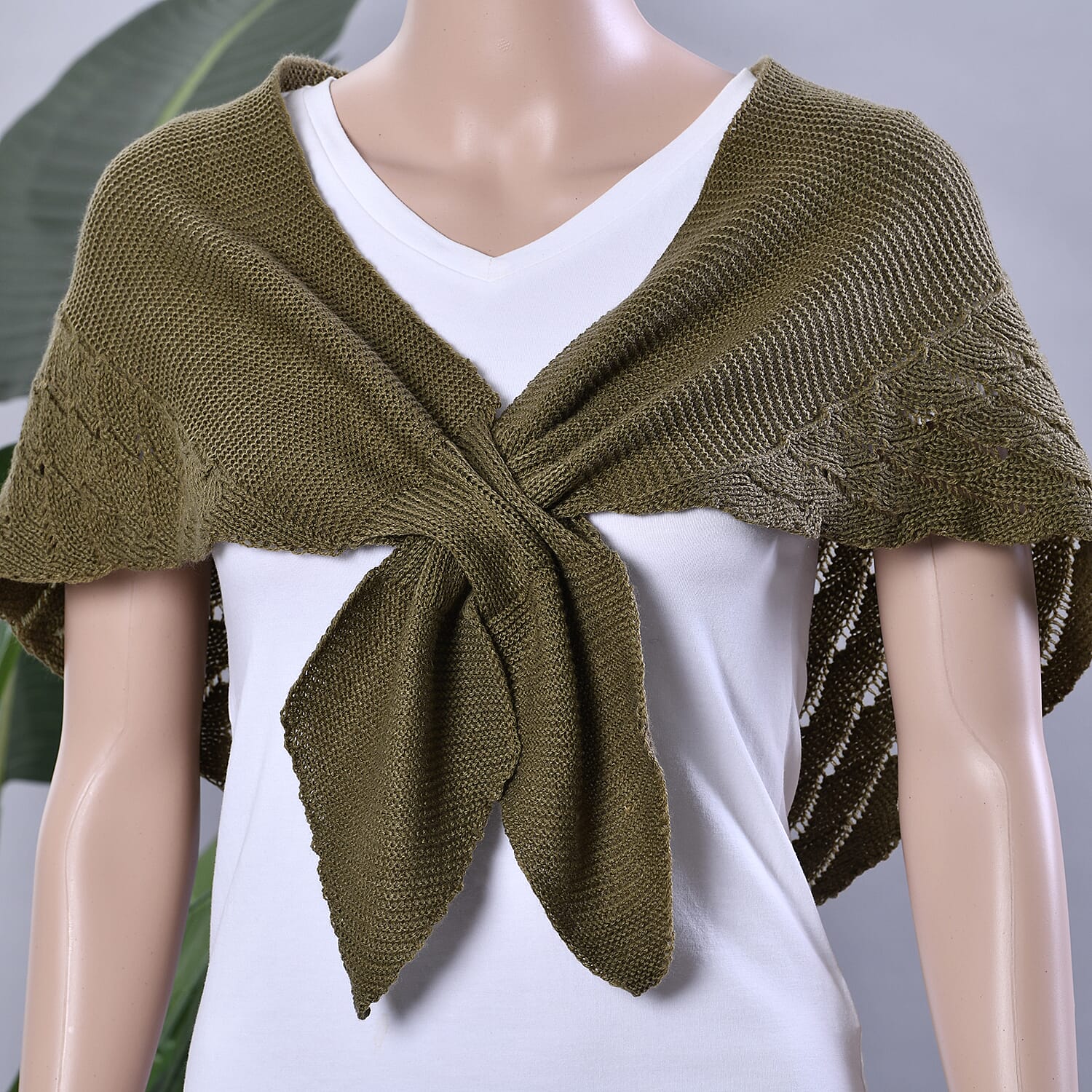 Khaki Faux Wool Knitted Poncho with Keyhole (Polyester)