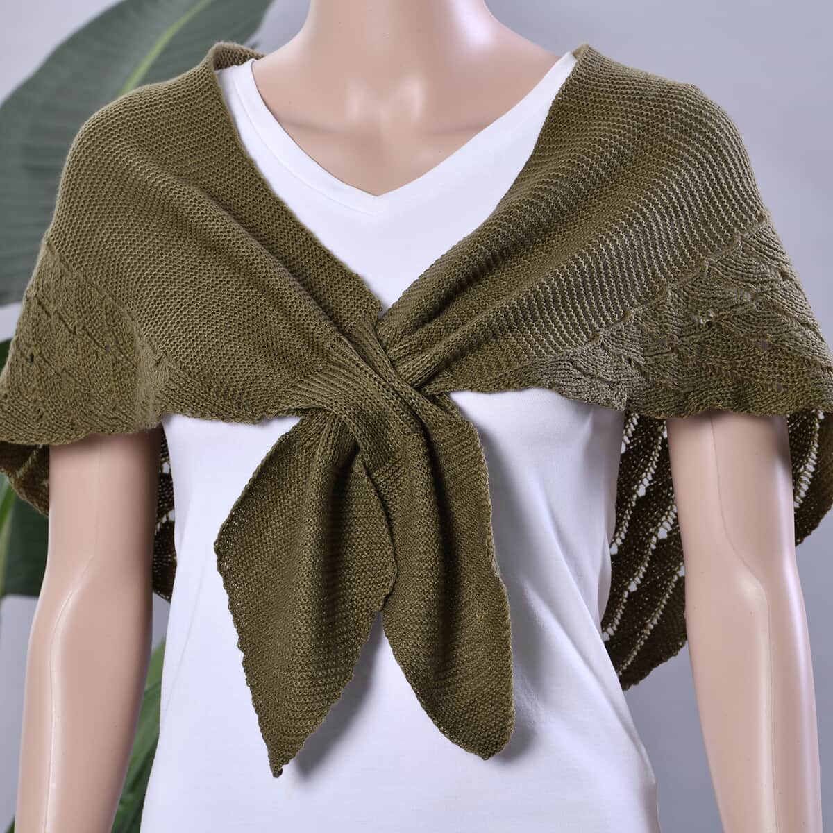 Khaki Faux Wool Knitted Poncho with Keyhole (Polyester) image number 1