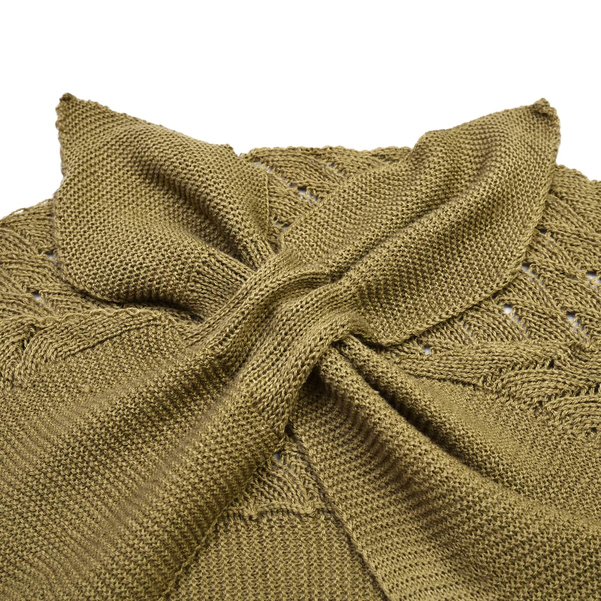 Khaki Faux Wool Knitted Poncho with Keyhole (Polyester) image number 3