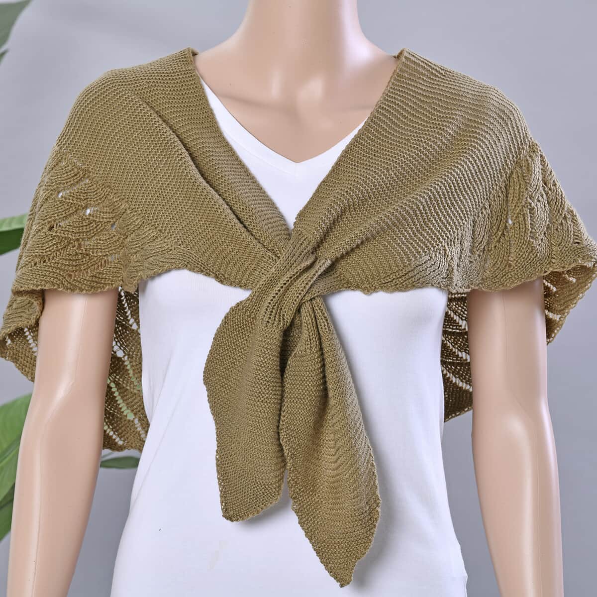 Olive Faux Wool Knitted Poncho with Keyhole (Polyester) image number 1