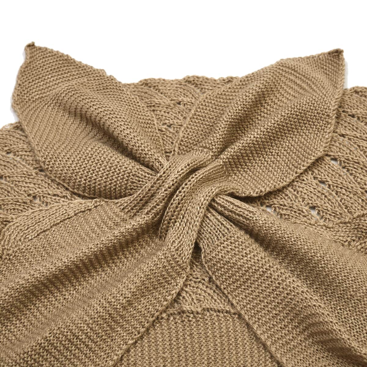 Olive Faux Wool Knitted Poncho with Keyhole (Polyester) image number 3