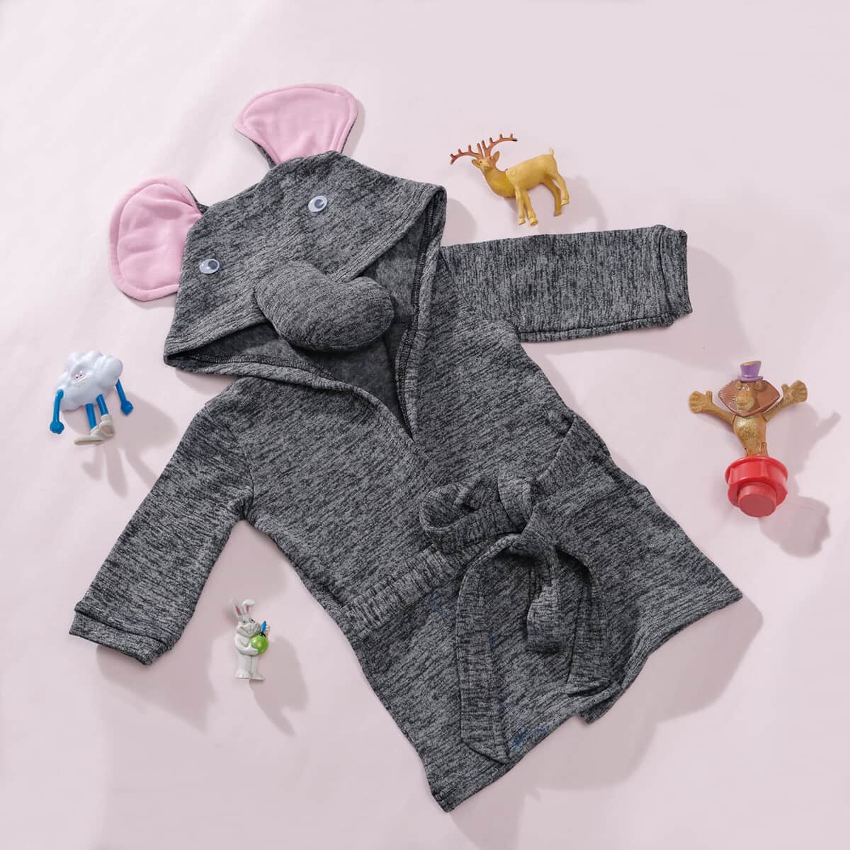 Dark Grey and Pink Elephant Pattern 100% Cotton Knitted Soft Hooded Toddler Baby Bath Towel (26"x11.5") image number 1