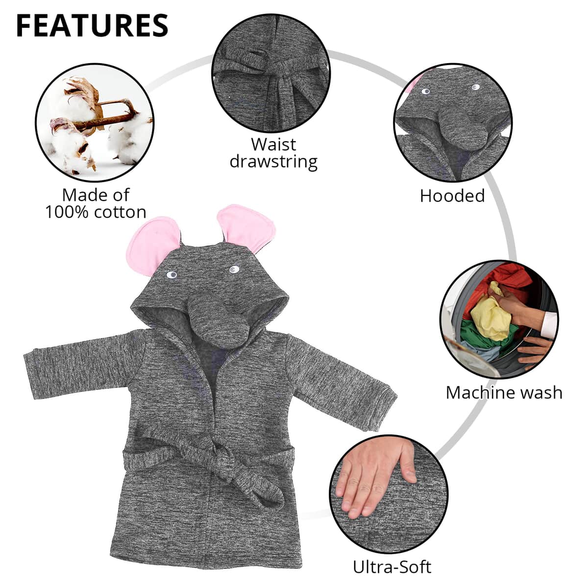 Dark Gray and Pink Elephant Pattern 100% Cotton Knitted Soft Hooded Toddler Baby Bath Towel , Cotton Bath Towel , Towel with Hood , Baby Towels , Bathroom Towels image number 2