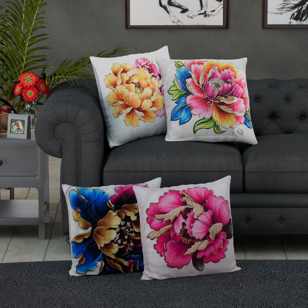 HOMESMART Set of 4 Multi Color Floral Digital Printed Velvet Cushion Covers (18"x18") image number 1