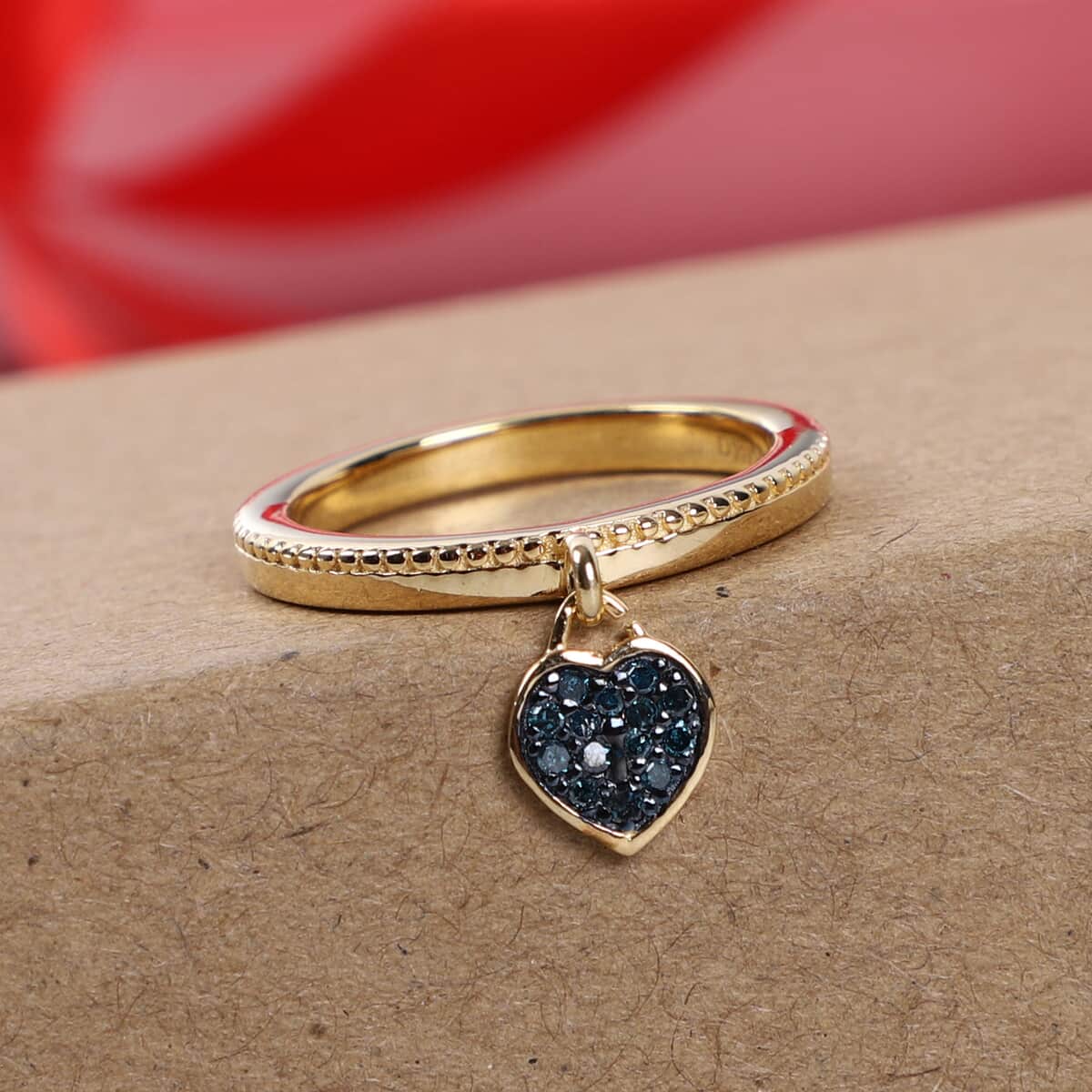 Blue Diamond Heart Charm Band Ring in Vermeil Yellow Gold Over Sterling Silver (Size 9.0) 0.10 ctw image number 1