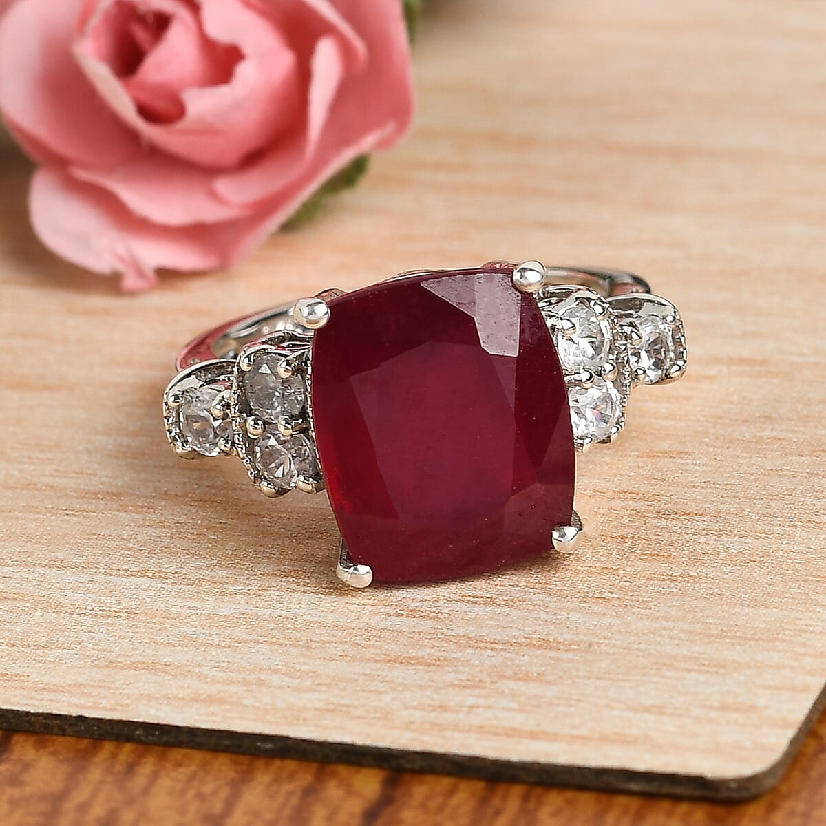 Niassa Ruby (FF) and Zircon Ring in Platinum Over Sterling Silver (Size 6.0) 8.90 ctw image number 1