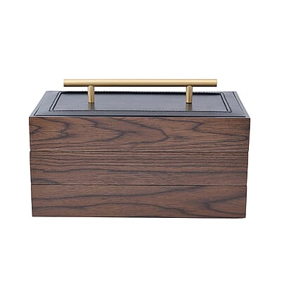 Brown Wooden Walnut Faux Leather 3 Layer Jewelry Box
