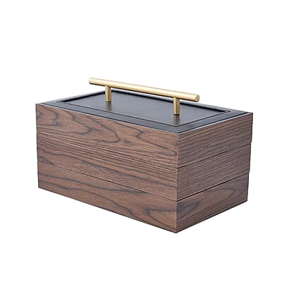 Brown Wooden Walnut Faux Leather 3 Layer Jewelry Box