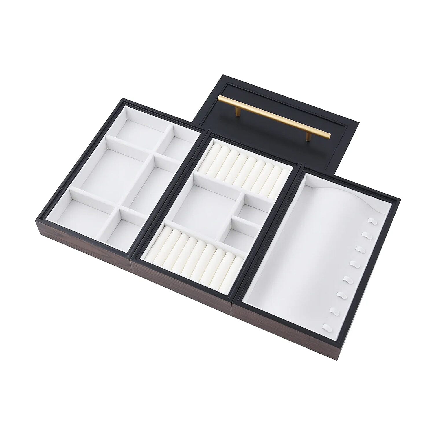 Brown Wooden Walnut Faux Leather 3 Layer Jewelry Box