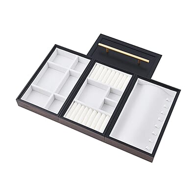 Brown Wooden Walnut Faux Leather 3 Layer Jewelry Box