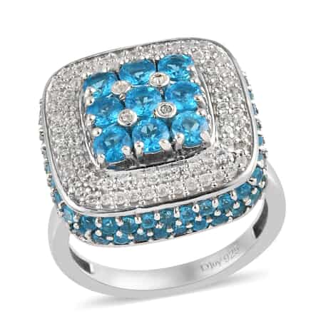 Malgache Neon Apatite and Natural White Zircon Ring in Platinum Over Sterling Silver 3.10 ctw image number 0