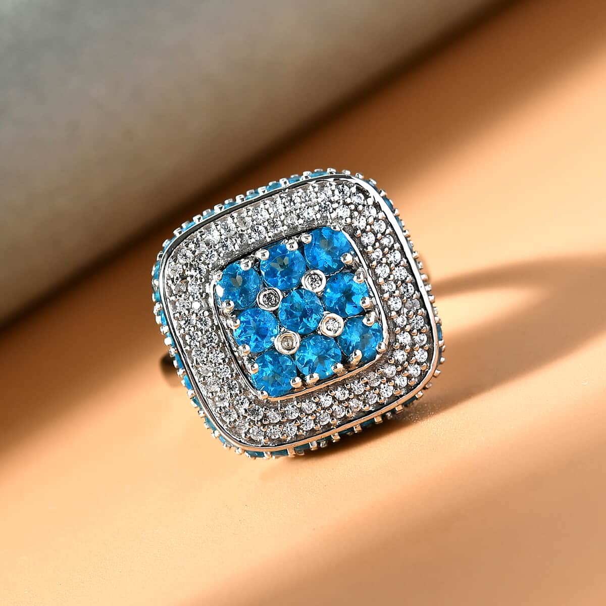 Malgache Neon Apatite and Natural White Zircon Ring in Platinum Over Sterling Silver 3.10 ctw image number 1