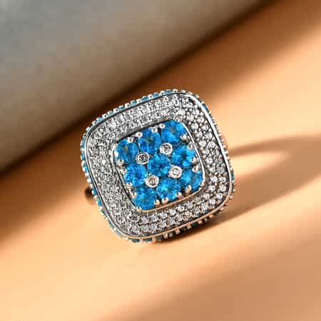 Malgache Neon Apatite and Natural White Zircon Ring in Platinum Over Sterling Silver 3.10 ctw image number 1