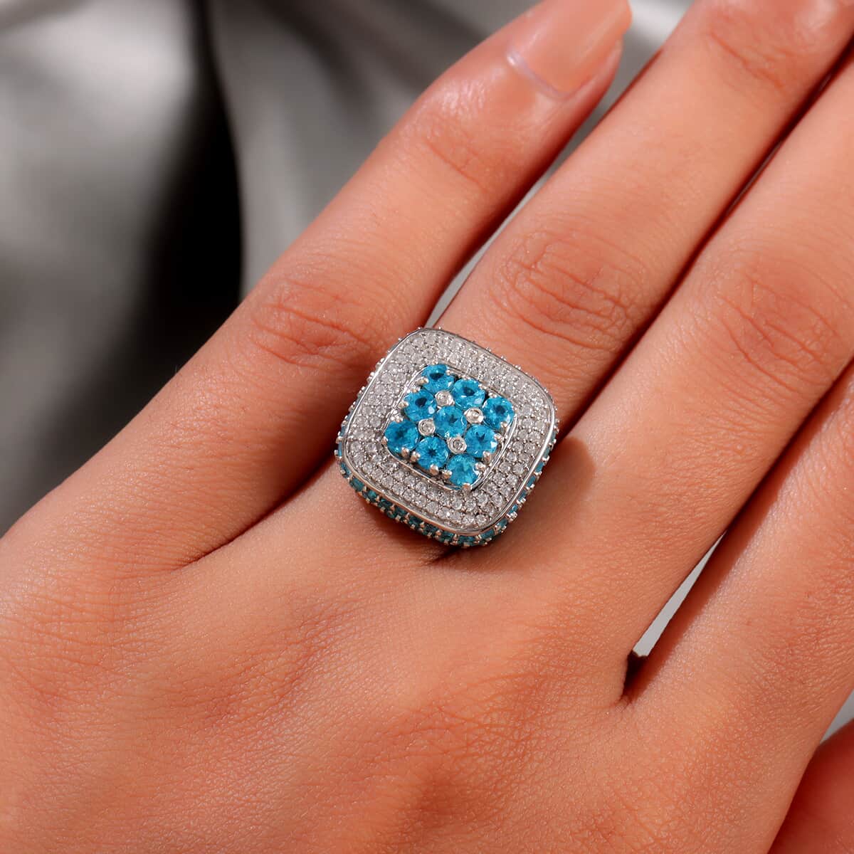 Malgache Neon Apatite and White Zircon Ring in Platinum Over Sterling Silver (Size 7.0) 3.10 ctw image number 2