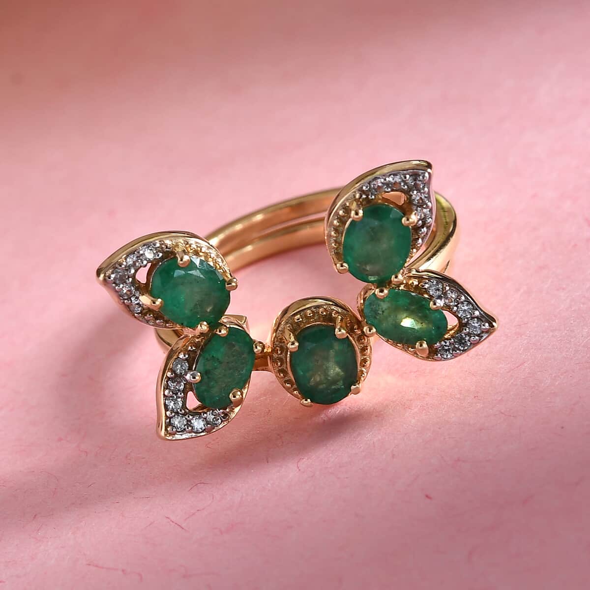 AAA Kagem Zambian Emerald and White Zircon Convertible Ring in Vermeil Yellow Gold Over Sterling Silver (Size 10.0) 1.50 ctw image number 1