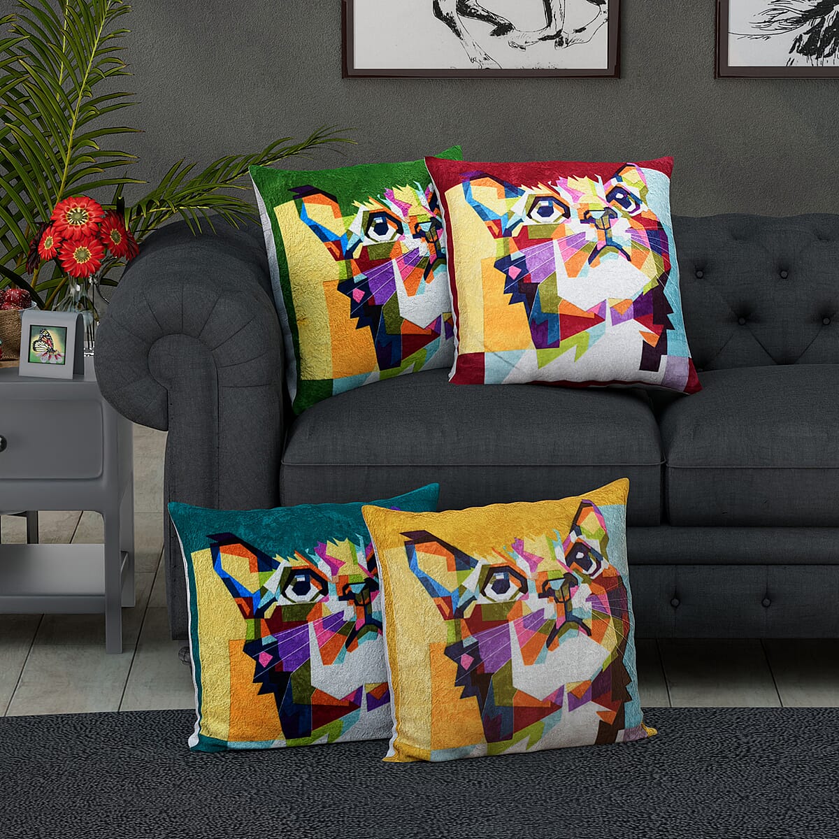 Homesmart Set of 4 Multi Color Cat Theme Digital Printed Velvet Cushion Covers image number 1