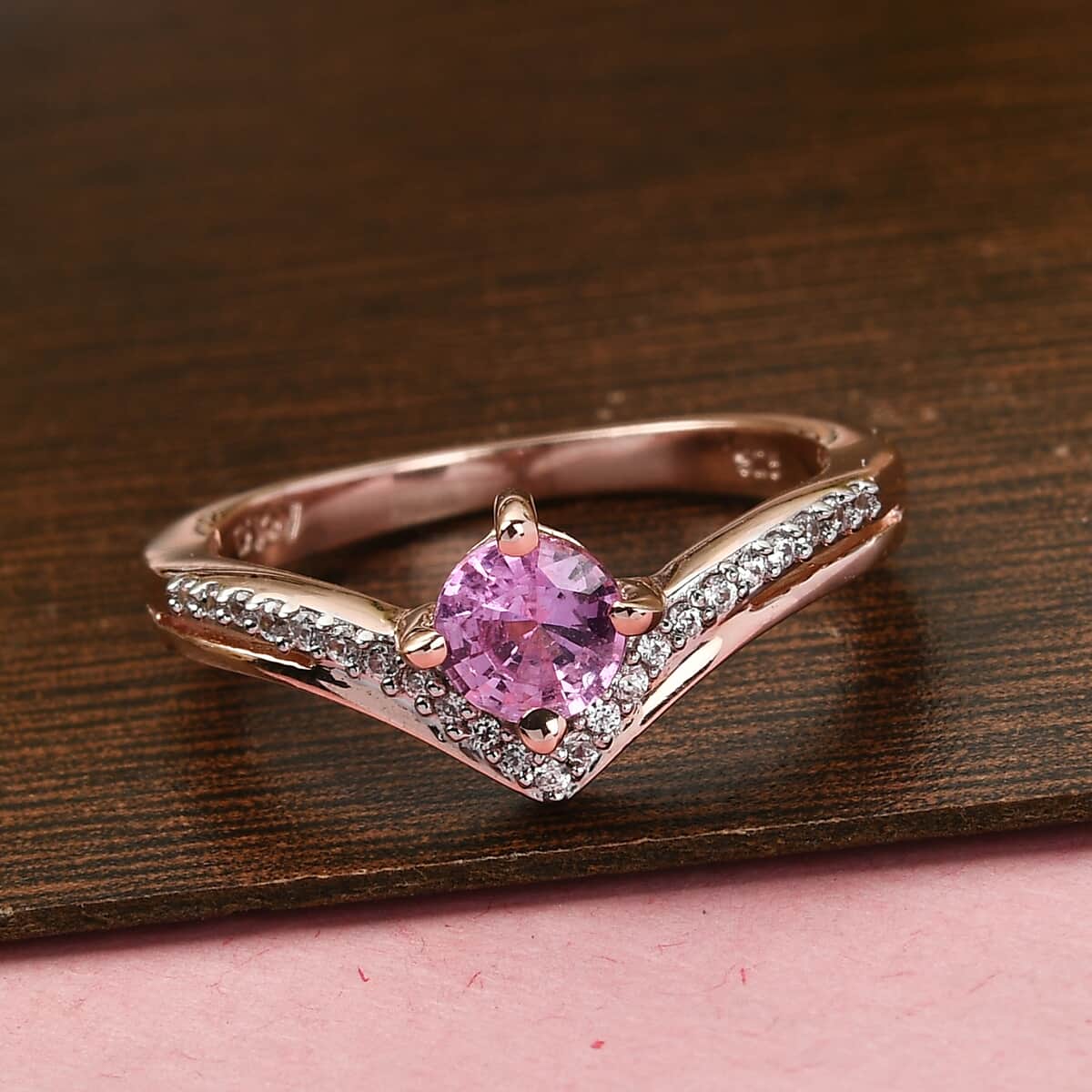 Ilakaka Hot Pink Sapphire and Natural White Zircon Ring in Vermeil Rose Gold Over Sterling Silver (Size 8.0) 0.75 ctw image number 1