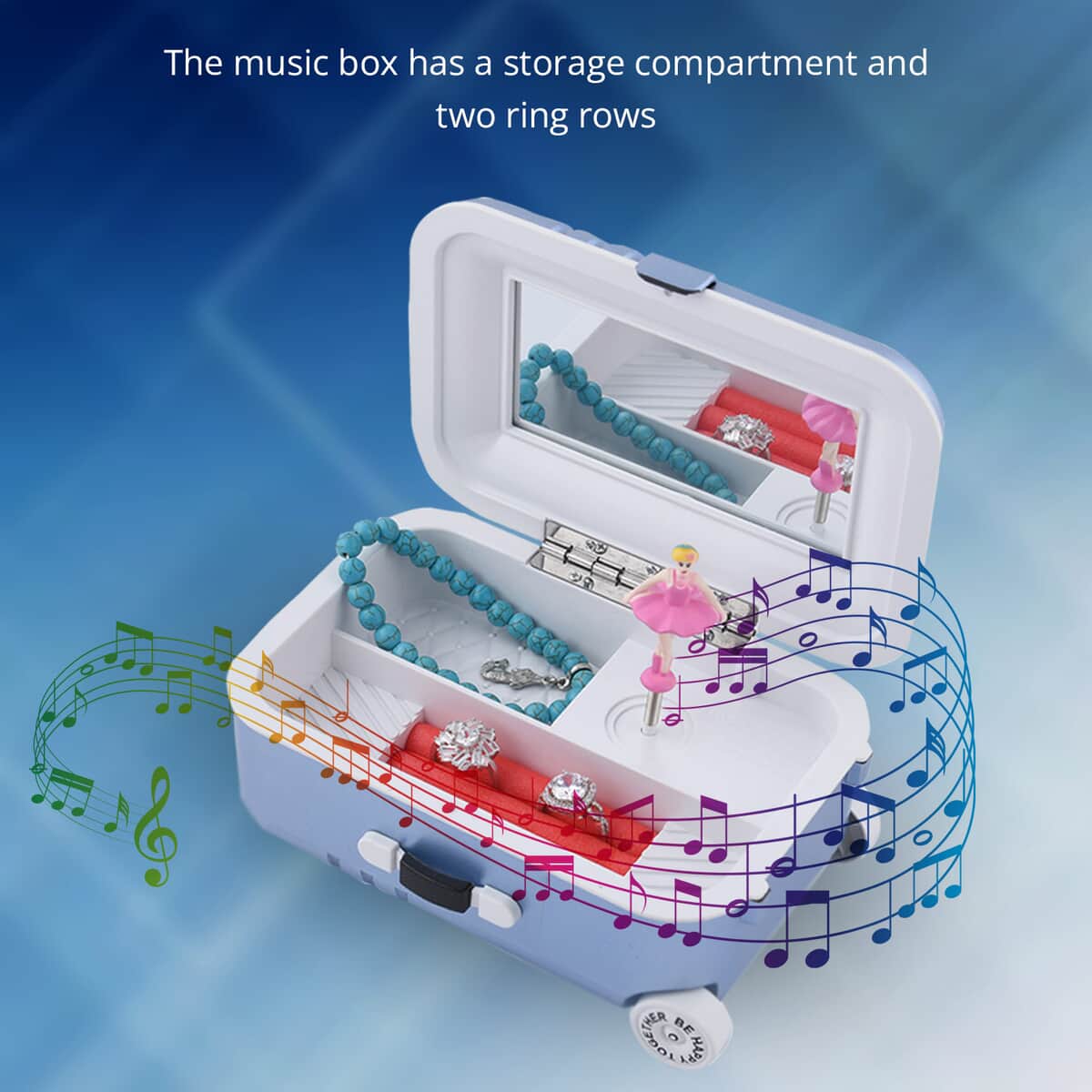 Suitcase Music Jewelry Box With Mirror and Dancer (6.5"x2.9"x4.3")- Blue image number 2