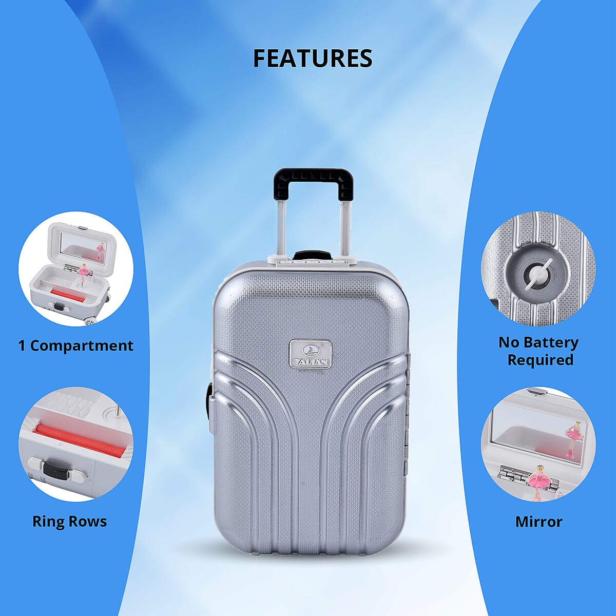 Suitcase Music Jewelry Box With Mirror and Dancer - Silver image number 3