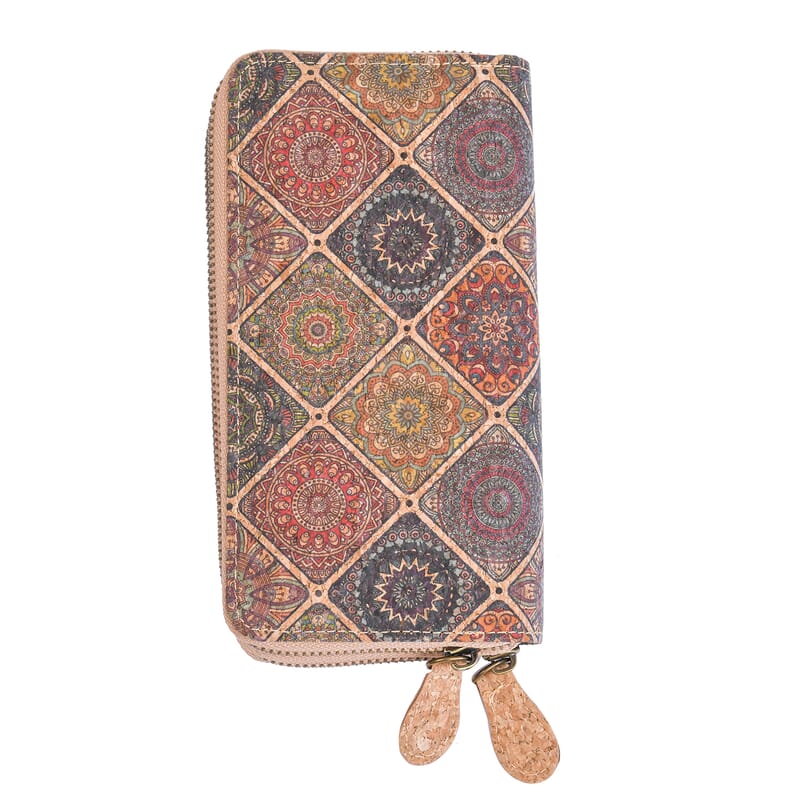 Khaki and Tribal Pattern Two Zipper Cork Wallet
