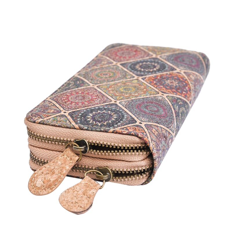 Khaki and Tribal Pattern Two Zipper Cork Wallet