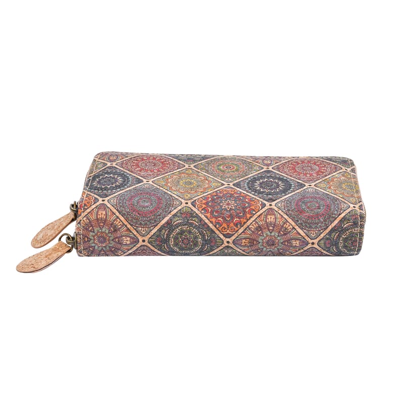 Khaki and Tribal Pattern Two Zipper Cork Wallet