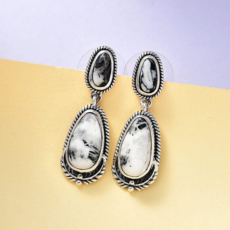 Artisan Crafted White Buffalo Dangling Earrings in Sterling Silver 5.15 ctw
