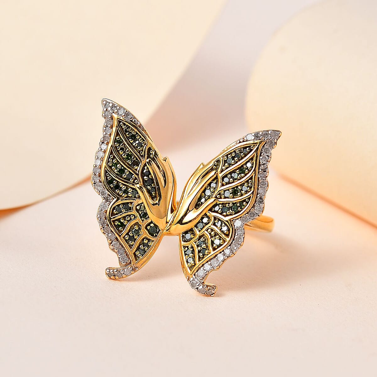 GP Italian Garden Collection Green and White Diamond Butterfly Ring in Vermeil Yellow Gold Over Sterling Silver (Size 8.0) 0.50 ctw image number 1