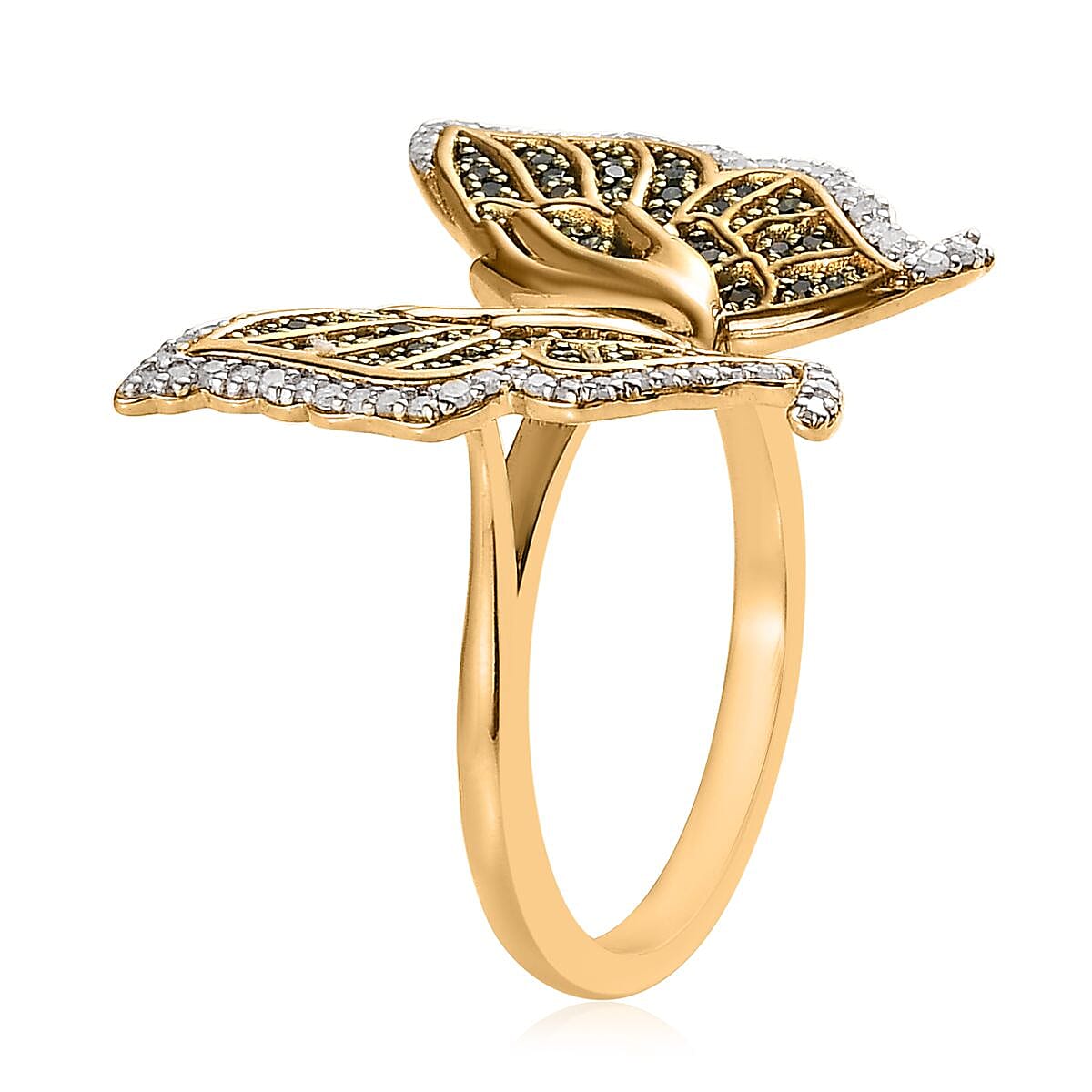 GP Italian Garden Collection Green and White Diamond Butterfly Ring in Vermeil Yellow Gold Over Sterling Silver (Size 8.0) 0.50 ctw image number 3