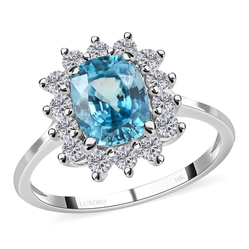 Luxoro AAA Ratanakiri Blue Zircon Ring, Moissanite Accent Ring, Blue Zircon Sunburst Ring, 10K White Gold Ring, Wedding Ring, Gold Gifts 4.25 ctw (Size 10.0)