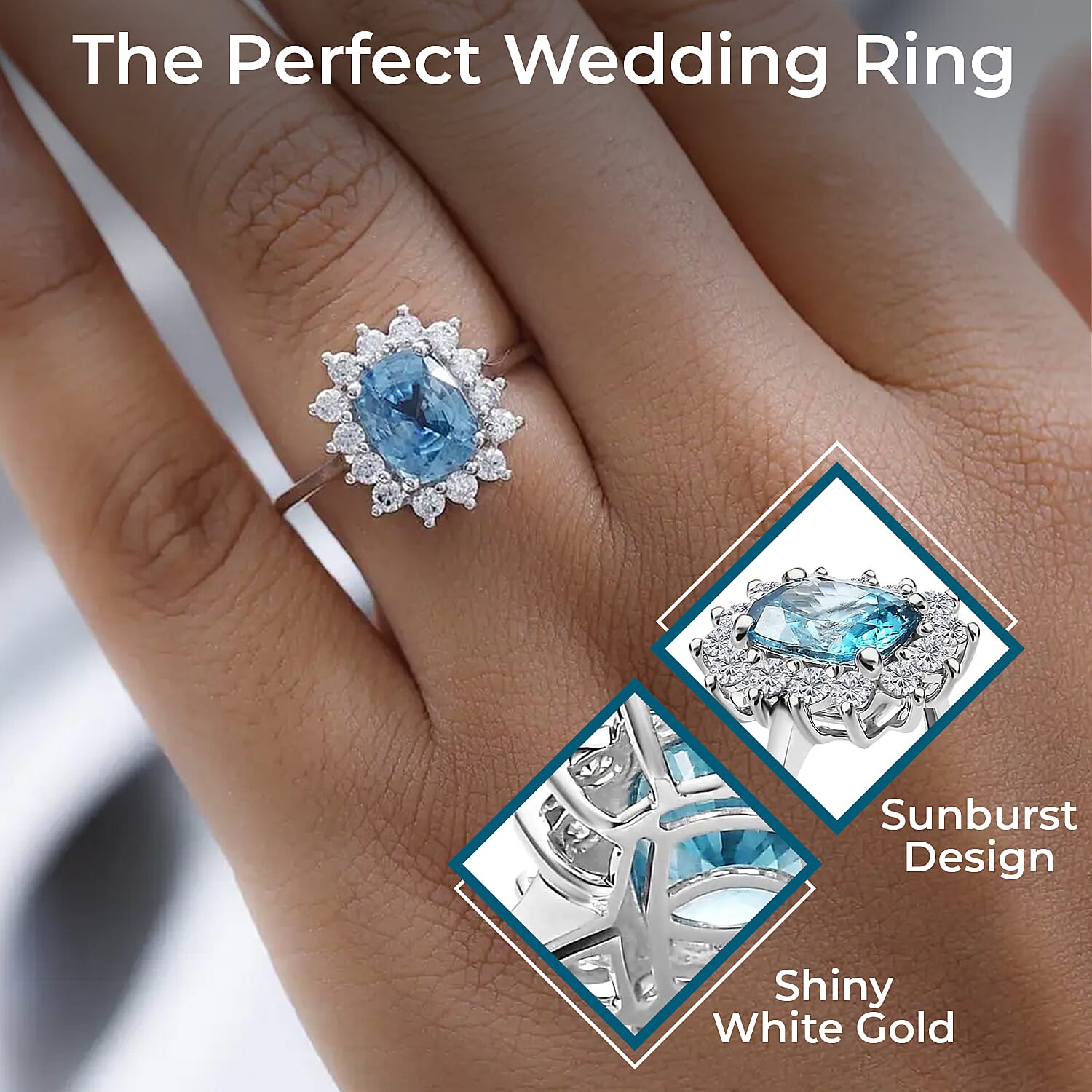 Luxoro AAA Ratanakiri Blue Zircon Ring, Moissanite Accent Ring, Blue Zircon Sunburst Ring, 10K White Gold Ring, Wedding Ring, Gold Gifts 4.25 ctw (Size 10.0)